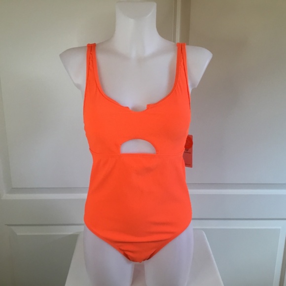 Women’s Orange Ribbed Cutout Scoop One Piece Bathing Suit - Picture 4 of 8